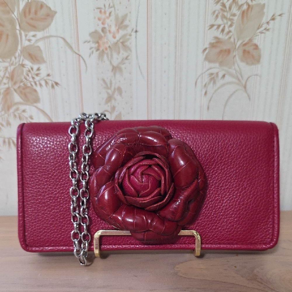 Brighton Red Leather Clutch with Rose Detail